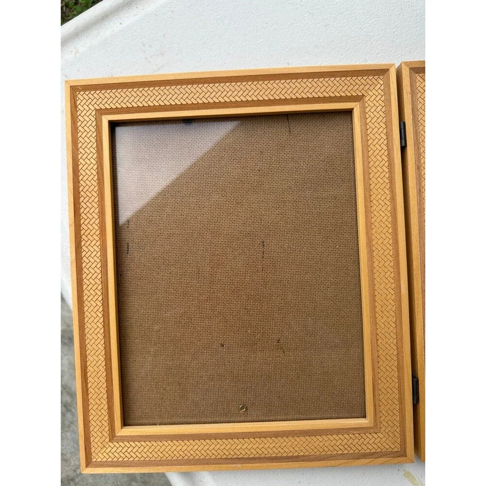 Engraved Lauhala Inspired Woven Wooden Hinged Double Photo Picture Frames 8x10